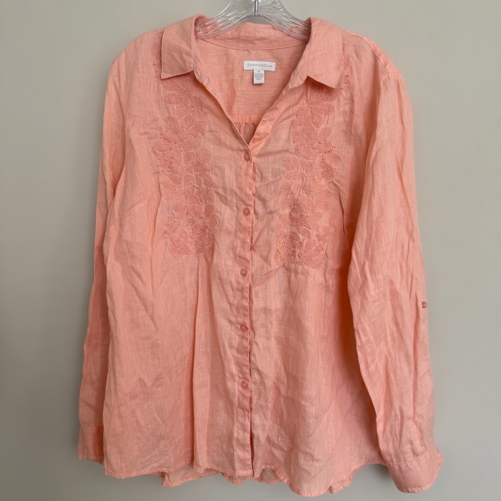 Charter Club Orange Linen Embroidered Button Up Shirt Size XL Natural Fibers